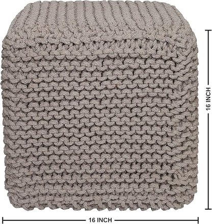REDEARTH Cube Hand Knitted Pouf - Foot Stool Ottoman - Cord Boho Pouffe - Poof Accent Stuffed Table or Footrest for Living Room - Nursery - Bedroom - Patio - 100% Cotton (16" x 16" x 16") - Taupe