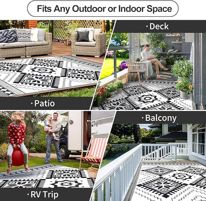 Waterproof Outdoor Rug 8x10ft, Boho Reversible Plastic Straw Mat for Patio RV Deck Porch Backyard Balcony Camping Picnic Beach Indoor Outdoor Carpet, Black&White