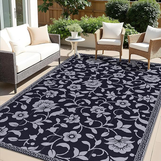 OLANLY Waterproof Outdoor Rug 5x8 ft, Outdoor Plastic Straw Rug with Flower Pattern, Reversible RV Mat for Patio, Camping, Balcony, Deck, Backyard, Black & Grey