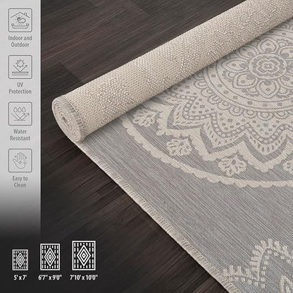CAMILSON Outdoor Rug 9x12 Modern Area Rugs for Large Indoor and Outdoor Patios and Porches - Waterproof Washable Non-Shedding Easy-to-Clean Outside Carpet (9 x 12, Medallion - Grey/White)