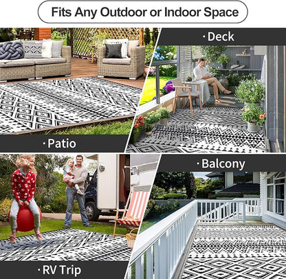 Waterproof Outdoor Rug 6x9ft, Bohemia Reversible Plastic Straw Mat for Patio RV Deck Porch Backyard Balcony Camping Picnic Beach Indoor Outdoor Carpet, Black&White