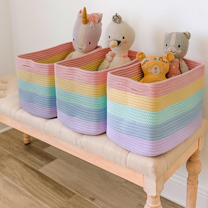 OrganiHaus Rainbow Woven Storage Baskets for Organizing, Cotton Rope Organizer Bins for Shelves, Closet & Nursery, Dog Toy Basket, Decorative Bins for Toys, Towels & Books - 15x10x9
