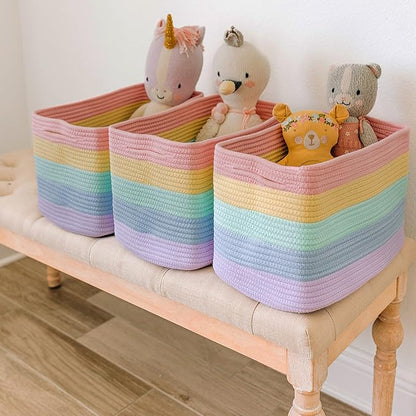 OrganiHaus Rainbow Woven Storage Baskets for Organizing, Cotton Rope Organizer Bins for Shelves, Closet & Nursery, Dog Toy Basket, Decorative Bins for Toys, Towels & Books - 15x10x9
