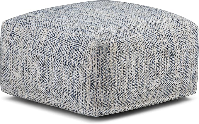 SIMPLIHOME Nate 20-inch Wide Square Pouf in Patterned Denim Mélange, Handwoven Boho-Style Cotton Ottoman, Footrest, or Extra Seating for Living Room, Assembled