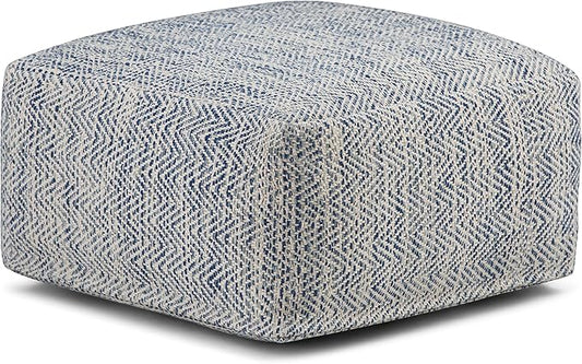 SIMPLIHOME Nate 20-inch Wide Square Pouf in Patterned Denim Mélange, Handwoven Boho-Style Cotton Ottoman, Footrest, or Extra Seating for Living Room, Assembled