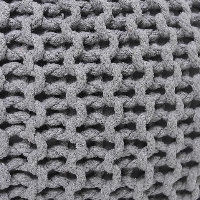 REDEARTH Round Boho Pouf Ottoman - Cable Knitted Cord Boho Pouffe - Stuffed Poof Accent Beanbag Footrest for Living Room - Nursery - Bedroom - Covered Patio - Study Nook (18”x18”x14”) - Gray-S