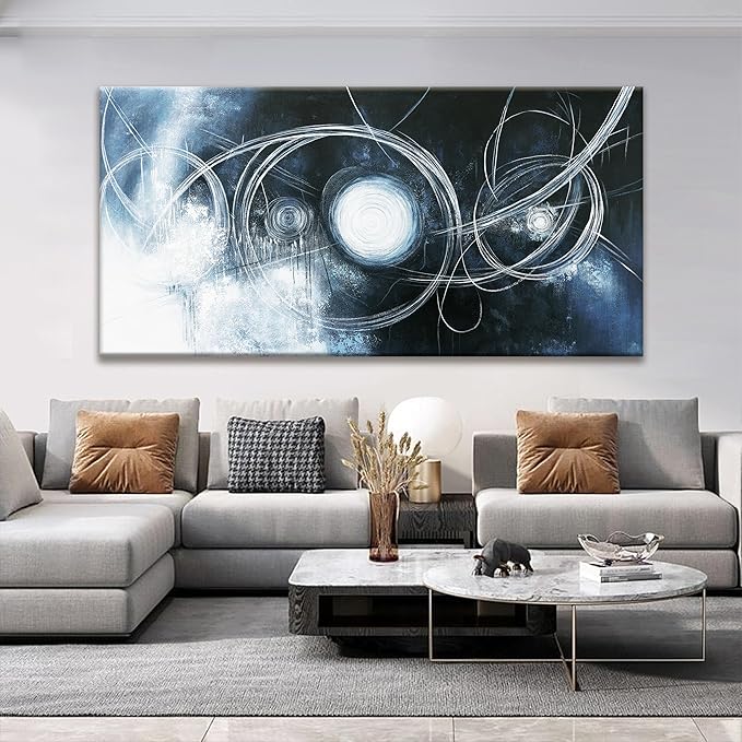 TAIJXAGSG Abstract Wall Art Modern Wall Decorations Maximalist Dark Blue Canvas Wall Art Decor Prints White Line Artwork For Living Room Bedroom Kitchen Office Artwork Ready To Hang 24"×48"