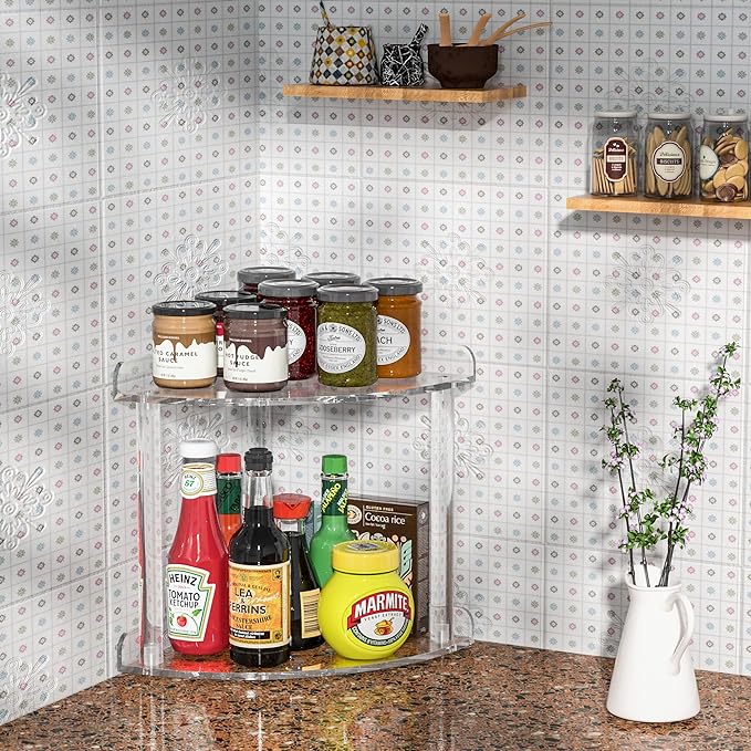 2 Tier Countertop Corner Organizer Shelf 7x7x8 Inch, Acrylic Bathroom Organizer Corner Shelf for Countertop, Clear Vanity Storage Organizer for Skincare, Cosmetics, Perfume