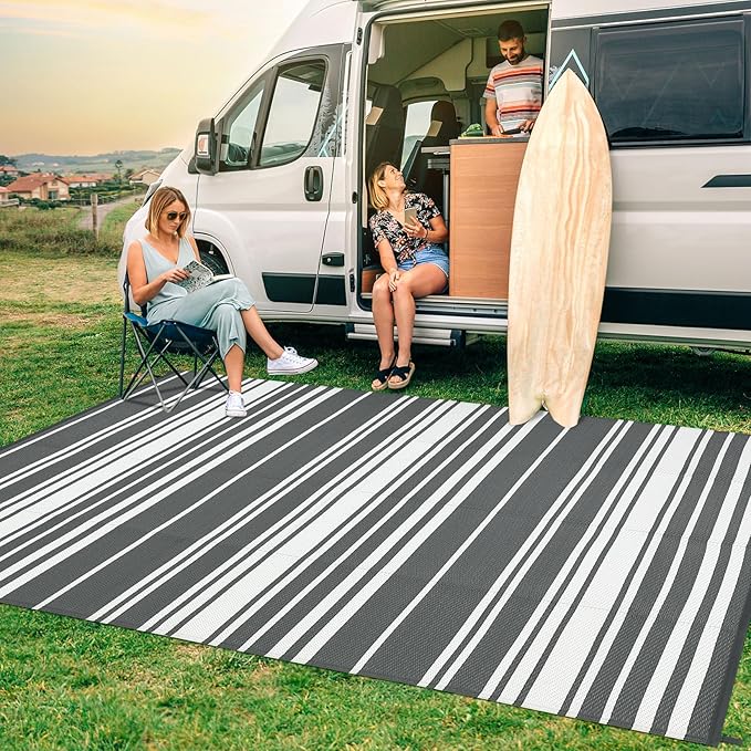 Outdoor Patio Rug 9x12 Stain-Resistant Reversible Camping Mat, Modern Striped Outdoor Plastic Straw Rug, Waterproof Outside Carpet, Easy to Clean for RV, Porch, Deck, Balcony, Grey