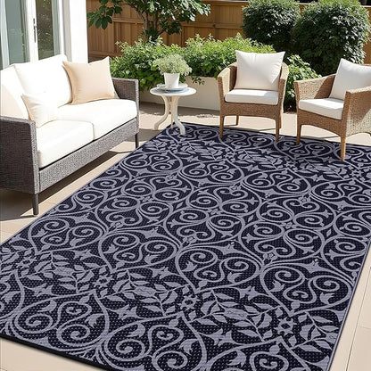 OLANLY Outdoor Rug Waterproof 9x12 ft Clearance, Reversible Outdoor Plastic Straw Rug with Floral Pattern, RV Mat for Patio, Camping, Balcony, Deck, Backyard, Black & Grey