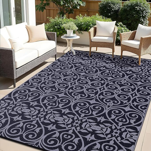 OLANLY Outdoor Rug Waterproof 9x12 ft Clearance, Reversible Outdoor Plastic Straw Rug with Floral Pattern, RV Mat for Patio, Camping, Balcony, Deck, Backyard, Black & Grey