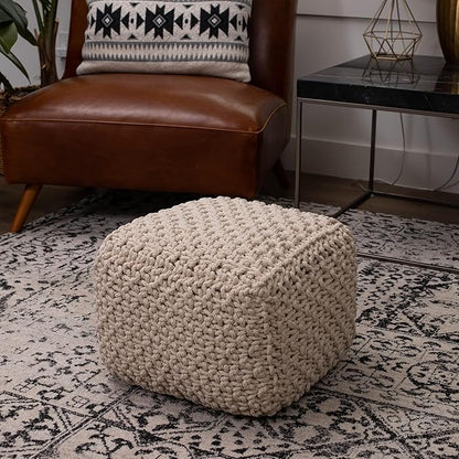 BIRDROCK HOME Square Pouf Ottoman | Cotton Braided Foot Stool with Bean Bag Filling | Boho Foot Rest for Living Room, Bedroom | Compact & Comfortable Seating, Lightweight & Sturdy | Natural