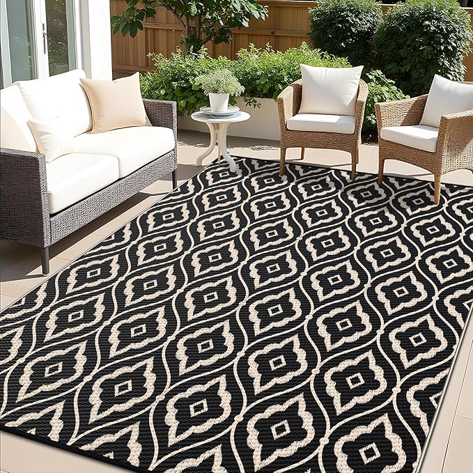 OLANLY Outdoor Rug 8x10 ft Waterproof, Outdoor Plastic Straw Rug with Geometric Pattern Clearance, Reversible RV Mat for Patio, Camping, Balcony, Deck, Backyard, Black & Beige