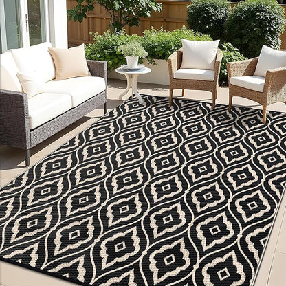 OLANLY Outdoor Rug 8x10 ft Waterproof, Outdoor Plastic Straw Rug with Geometric Pattern Clearance, Reversible RV Mat for Patio, Camping, Balcony, Deck, Backyard, Black & Beige