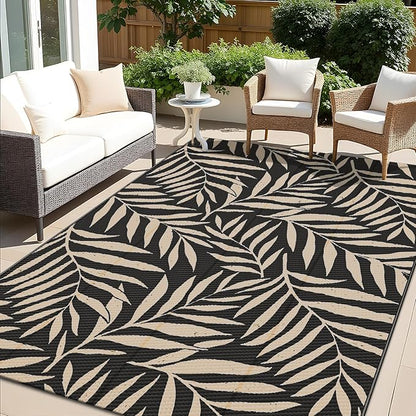 OLANLY Waterproof Outdoor Rug 5x8 ft, Reversible Outdoor Plastic Straw Rug with Leaf Pattern, RV Mat, Indoor Outdoor Carpet for Patio, Camping, Balcony, Deck, Backyard, Black & Beige