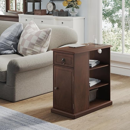 ChooChoo Farmhouse XXL End Table with Charging Station，Narrow Sofa Side Table with Adjustale Shelf, 3 Tier Rustic Night Stand for Small Place Living Room, Cherry Brown