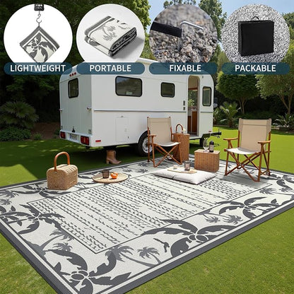 COCOER Outdoor-Rug 9x12 ft Waterproof Outdoor Plastic Straw Rug Reversible RV Indoor Outdoor Carpet Quick Dry Patio Rug Camping Mat for Balcony Backyard Picnic Beach-Grey&Beige