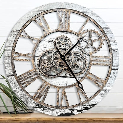 The B-Style Large Wall Clock 24 inch Moving Gear Wall Clock Oversized Vintage Farmhouse Wall Clocks for Living Room Decor Rustic Industrial Wood Clock (Gray and White)
