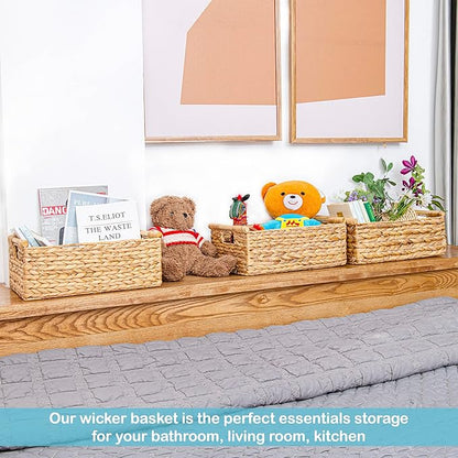 VATIMA Hyacinth Large Wicker Basket 15.5x10.8x6.2" - Rectangular, Wooden Handles, Shelf Organizer