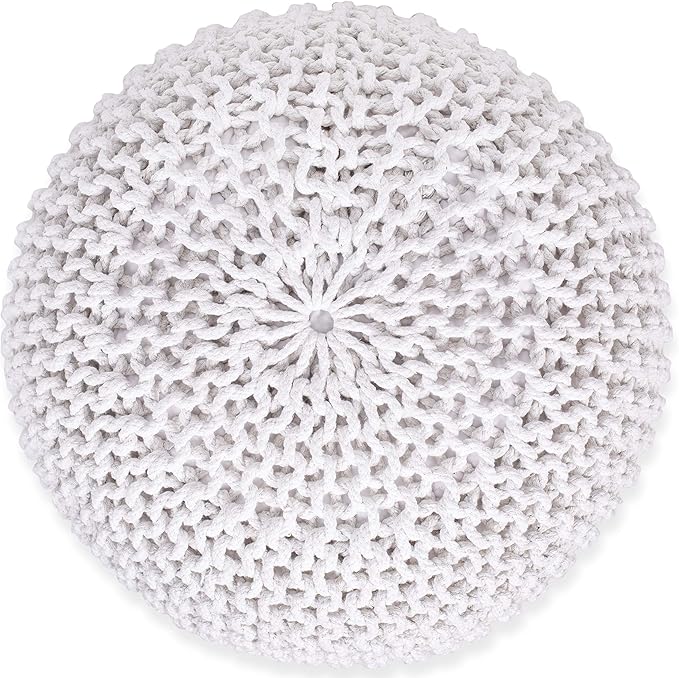 BIRDROCK HOME Round Pouf Ottoman | Cotton Braided Foot Stool with Bean Bag Filling | Boho Foot Rest for Living Room & Bedroom | Compact & Comfortable Seating, Lightweight & Soft | Ivory