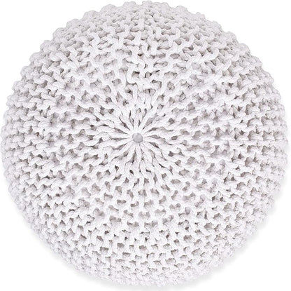 BIRDROCK HOME Round Pouf Ottoman | Cotton Braided Foot Stool with Bean Bag Filling | Boho Foot Rest for Living Room & Bedroom | Compact & Comfortable Seating, Lightweight & Soft | Ivory