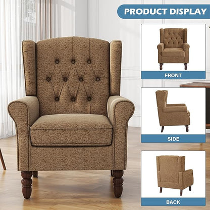 UIXE High Back Accent Chair, Upholstered Armchair in Fabric, Retro Wingback Arm Chair for Living Room, Comfy Single Sofa Bedroom Reading Seat with Solid Wood Legs - Brown
