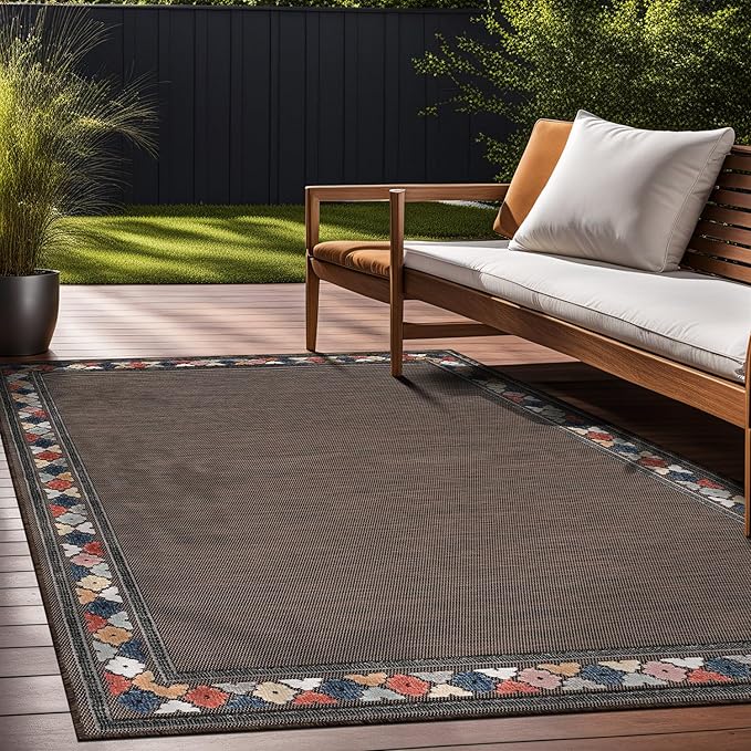 Beverly Rug Outdoor Rug 4x6 Modern Bordered Area Rugs for Indoor and Outdoor Patio Easy to Clean Non Shedding Living Room Porch Garden Washable Outside Carpet (4 x 6 Brown)