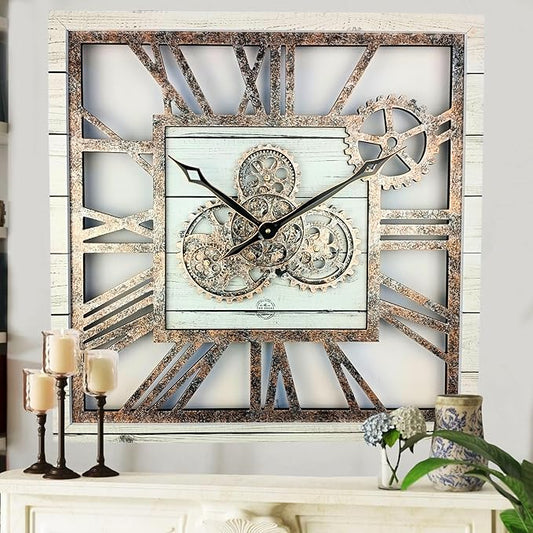 The Gears Clock 24'' Inch Square Real Moving Gear Wall Clock Vintage Industrial Oversized Rustic Farmhouse (White Farmhouse)