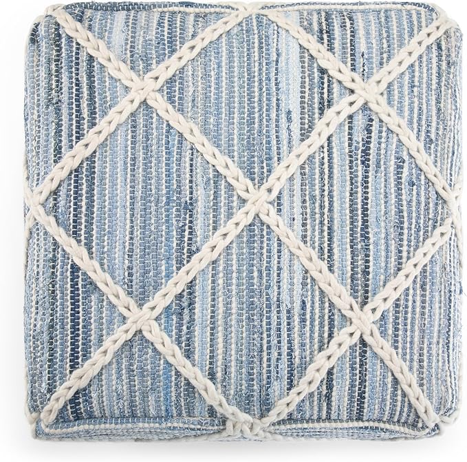 SIMPLIHOME Cowan Boho Square Pouf in Blue, Natural Handloom Woven for the Living Room, Bedroom and Kids Room