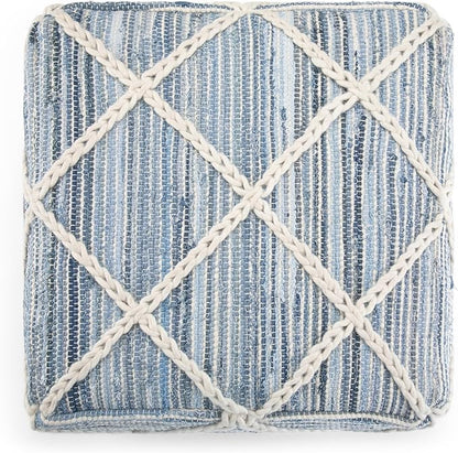 SIMPLIHOME Cowan Boho Square Pouf in Blue, Natural Handloom Woven for the Living Room, Bedroom and Kids Room