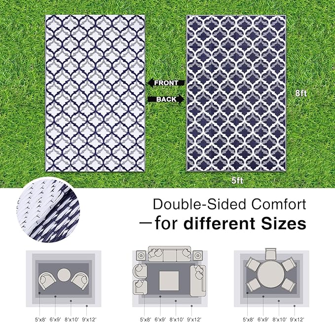 OLANLY Reversible Outdoor Rug 5x8 ft Clearance, Waterproof Outdoor Plastic Straw Rug with Interlacing Pattern, RV Mat for Patio, Camping, Balcony, Deck, Backyard, Navy & White