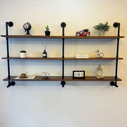 ROGMARS Industrial Pipe Wall Shelves Pipe Shelving with Real Wood Plank,70 Inches Floating Shelves for Wall Farmhouse Pipe Book Shelves Dark Brown 3Tier for Kitchen,Living Room Decor and Bar Shelving