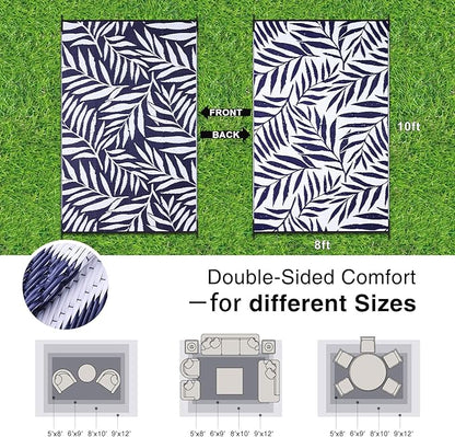 OLANLY Waterproof Outdoor Rug 8x10 ft, Reversible Outdoor Plastic Straw Rug with Leaf Pattern, RV Mat, Indoor Outdoor Carpet for Patio, Camping, Balcony, Deck, Backyard, Navy & White