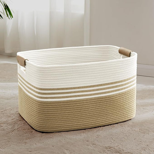 72L Large Laundry Basket with Leather Handles for Living Room Storage, Woven Rope Baskets Bin for Blanket, Kids Toy, Gifts, Wicker Hamper for Bedroom Dirty Clothes, 22"x17"x12" Khaki