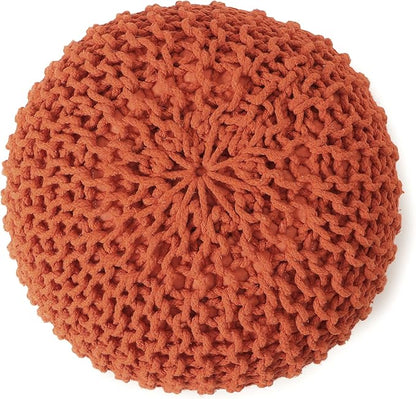 REDEARTH Round Pouf Ottoman - Hand Knitted Cable Boho Poof - Pouffe Circular Footrest for Living Room - Bedroom - Patio - 100% Cotton (19.5"x19.5"x14") - Burnt Orange