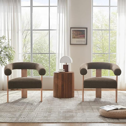 VKNOW Accent Chair Living Room Chair Set of 2, Modern Upholstered Armchair with Solid Wood Legs, Comfy Barrel Arm Chairs for Living Room Bedroom, Brown