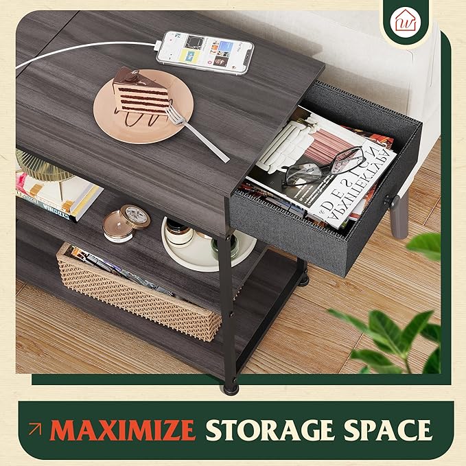 WLIVE Small Side Tables Living Room with Charging Station, Narrow End Table for Bedroom, Home Office, Small Spaces, Grey Couch Side Table with Storage, USB Ports and Outlets