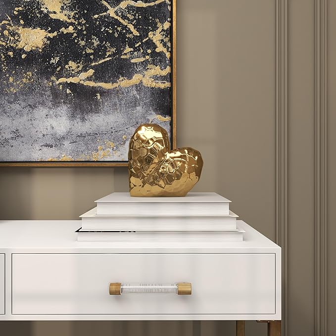 Deco 79 Porcelain Ceramic Heart Decorative Sculpture Dimensional Angled Origami Inspired Home Decor Statue, Accent Figurine 8" x 3" x 8", Gold