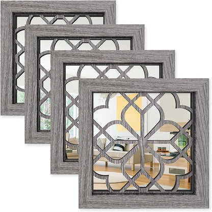 4pcs Farmhouse Wall Mirror with Carved Floral Design -Rustic Mirror Decor for Home, 12x12 inch(Brown)