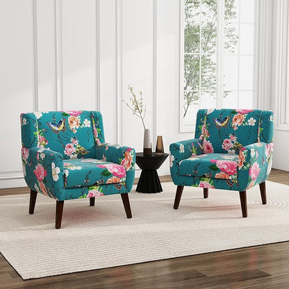 UIXE Floral Accent Chair, Modern Upholstered Armchair in Fabric for Living Room, Comfy Club Arm Chairs Single Sofa Button Tufted Bedroom Reading Seat - Pattern Blue, Set of 2