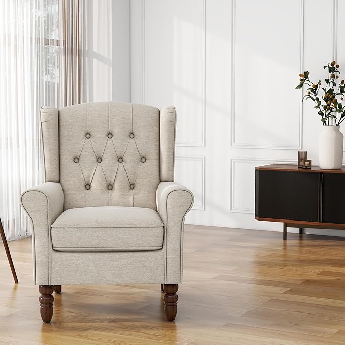 UIXE High Back Accent Chair, Upholstered Armchair in Fabric for Living Room, Retro Wingback Arm Chair Comfy Single Sofa Bedroom Reading Seat with Solid Wood Legs - Beige