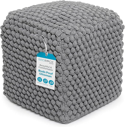 BIRDROCK HOME Buds Pouf Foot Stool Ottoman - Knit Bean Bag Floor Chair - Cotton Braided Cord - Great for The Living Room, Bedroom and Kids Room - Small Furniture (Grey - Buds)