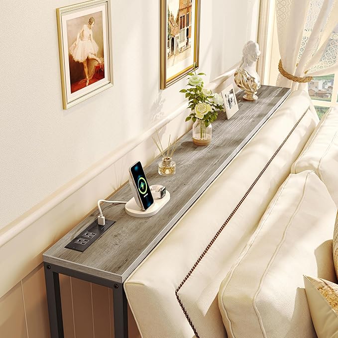 SUPERJARE Console Table with Outlet, 63 Inch Sofa Table with Charging Station, Narrow Hallway Entryway Table, Behind Couch Table, for Living Room, Oak