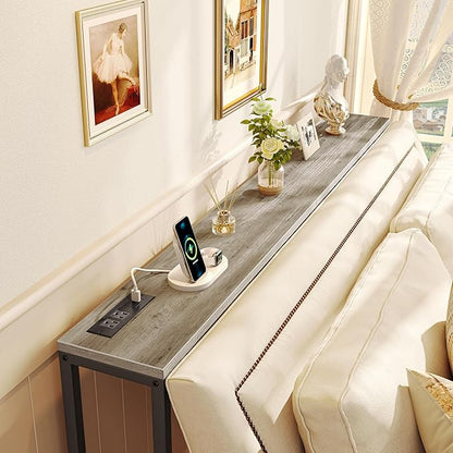 SUPERJARE Console Table with Outlet, 63 Inch Sofa Table with Charging Station, Narrow Hallway Entryway Table, Behind Couch Table, for Living Room, Oak