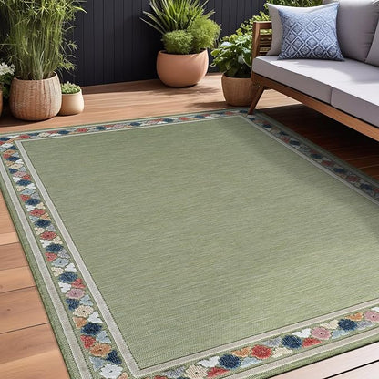 Beverly Rug Outdoor Rug 6x9 Modern Bordered Area Rugs for Indoor and Outdoor Patio Easy to Clean Non Shedding Living Room Porch Garden Washable Outside Carpet (6 x 9 Green)