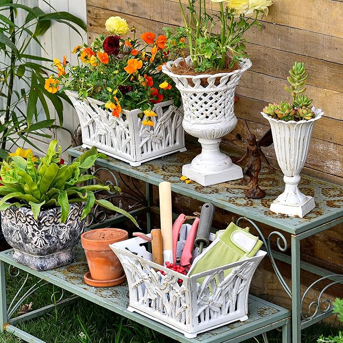 Sungmor Heavy Duty Cast Iron Planter Basket w/Non-Woven Growing Bag, Unique Shape & Beautiful Pattern Design, Hollow Orchid Flower Pot Garden Tools Holder, Rust White French Country Decor Container