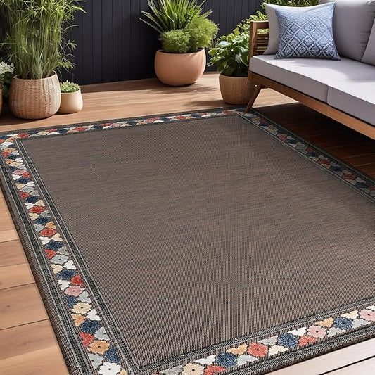 Beverly Rug Outdoor Rug 9x12 Modern Bordered Large Area Rugs for Indoor and Outdoor Patio Easy to Clean Non Shedding Living Room Porch Garden Washable Outside Carpet (9 x 12 Brown)