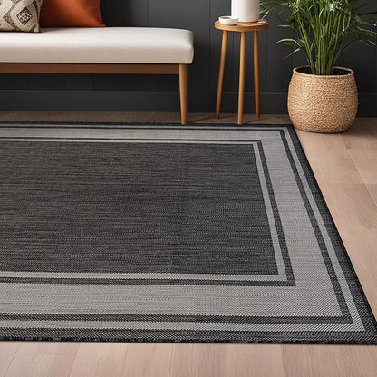 Beverly Rug Outdoor Rug 5x7 Modern Bordered Area Rugs for Indoor and Outdoor Patio Deck Porch Garden Waterproof Weather Sun Resistant Washable Outside Carpet (5 x 7 Dark Gray)
