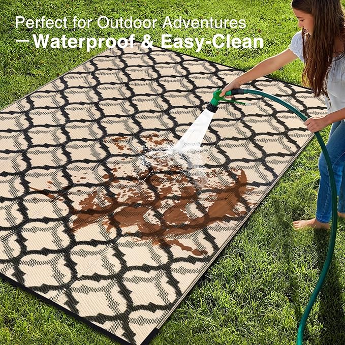 OLANLY Reversible Outdoor Rug 8x10 ft Clearance, Waterproof Outdoor Plastic Straw Rug with Interlacing Pattern, RV Mat for Patio, Camping, Balcony, Deck, Backyard, Black & Beige