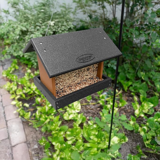 Poly Hanging Hopper Bird Feeder, Large Hanging Bird Feeder for Outside, Outdoors - Amish American Made (Black & Cedar)